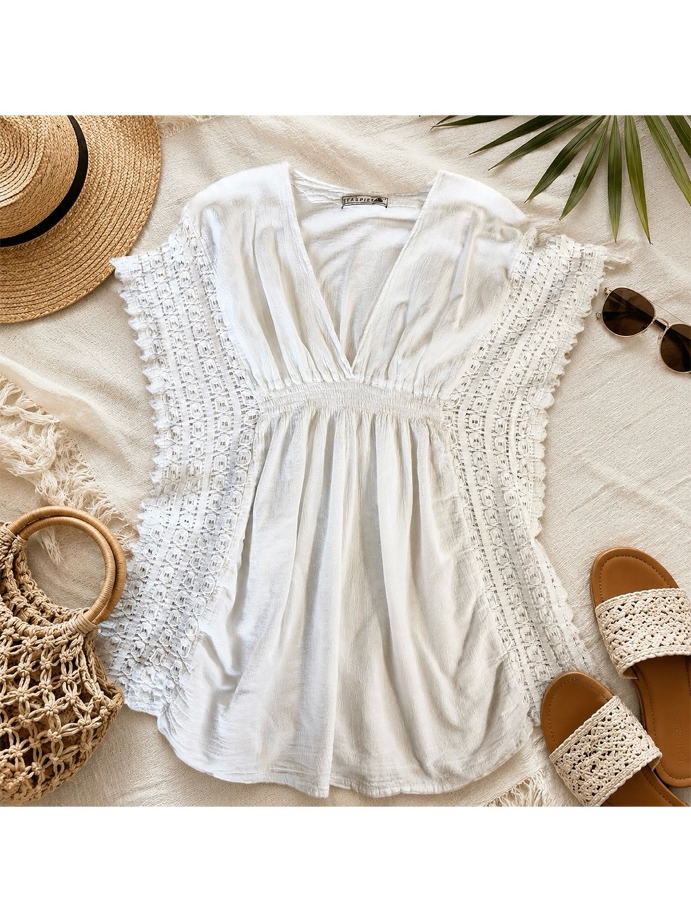 Sea Spice Resort White Crochet Sleeve Cover Up Tunic Dress Large